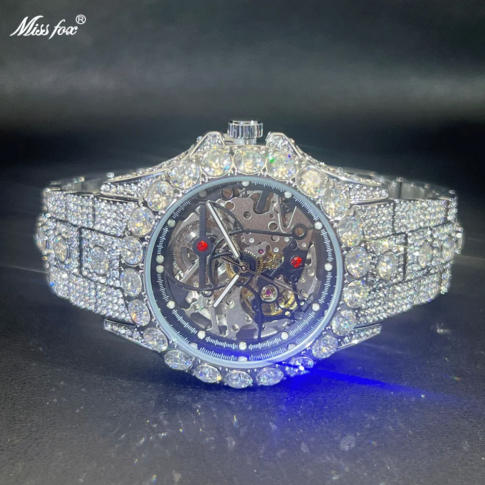 

MISSFOX модные часы со скелетом для мужчин в стиле хип-хоп с большими бриллиантами, мужские роскошные автоматические механические наручные часы Reloj 2025