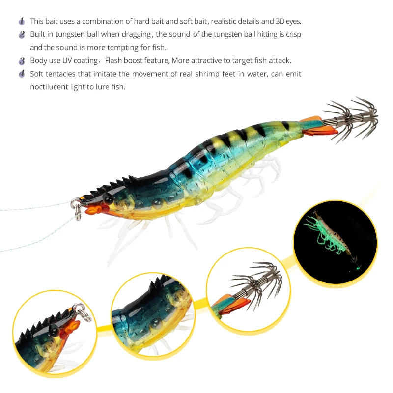 Squid Jig Lures Luminous 9cm 11g with Double Hooks Sea Fishing Baits for Octopus and Cuttlefish Catching Wood Shrimp