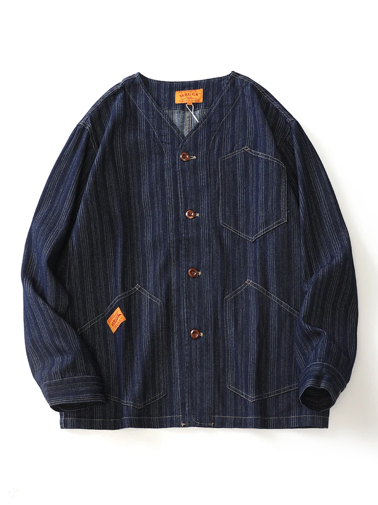 

Retro American Autumnal Denim Jaet with Multiple kets V-Ne Waed Unlined Outerwear Casual Faion Urban Scene
