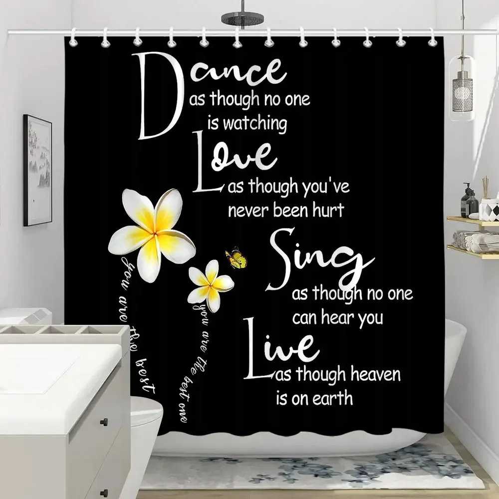 Multi-colour Text Print Shower Curtain Black Background Floral Pattern Polyester Fabric Washable Shower Curtains Bathroom Decor