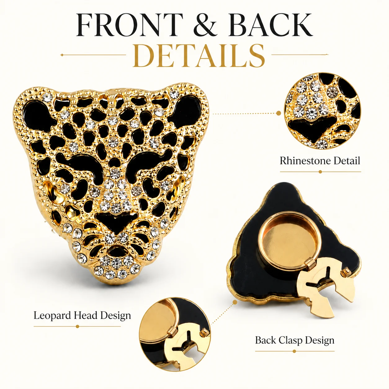 1pc Gold-Tone Leopard Head Button Covers, Rhinestone Shirt Button Clips with Secure Back Clasp for Jackets & Dresses view 2