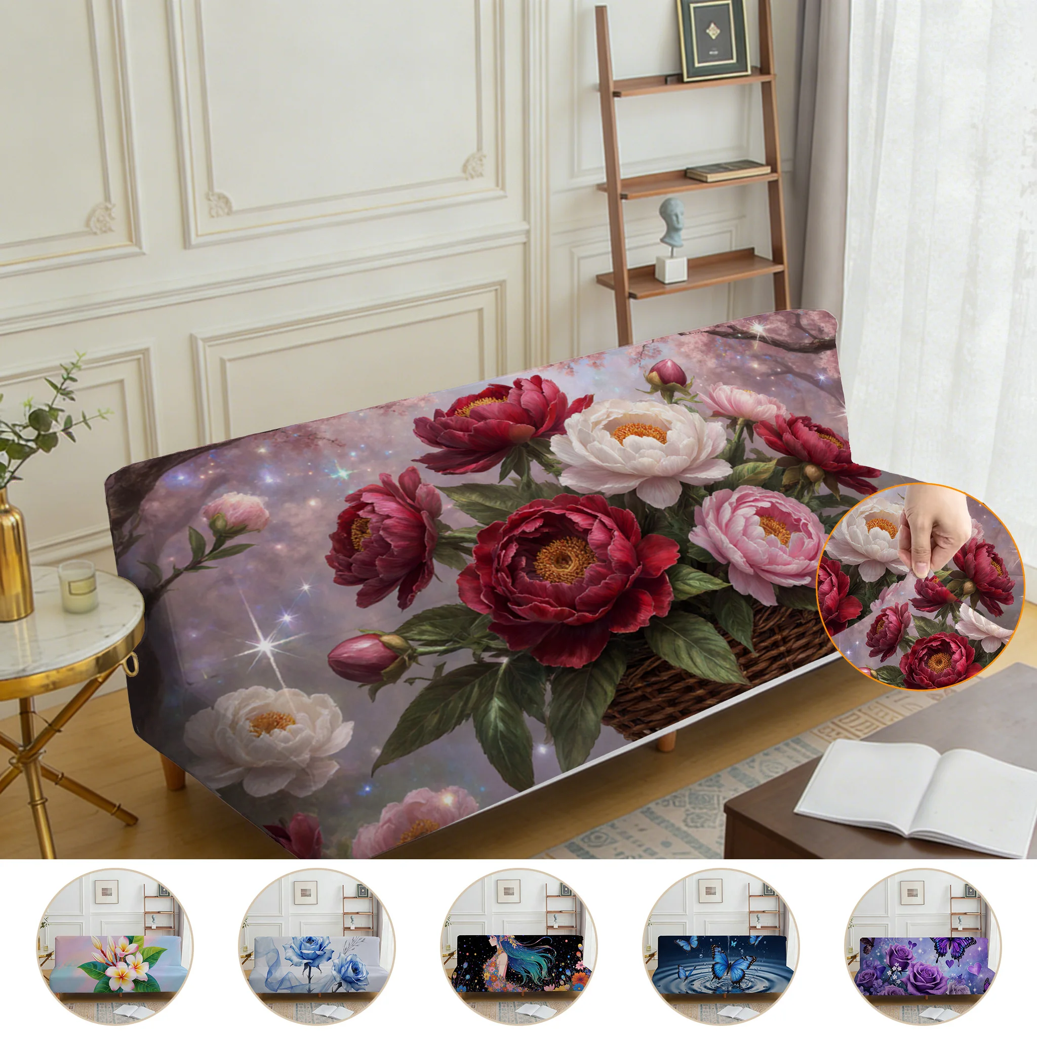 Armrest-free stretch-printed sofa bed cover, peony rose flower pattern, dust-proof machine-washable sofa bed cover