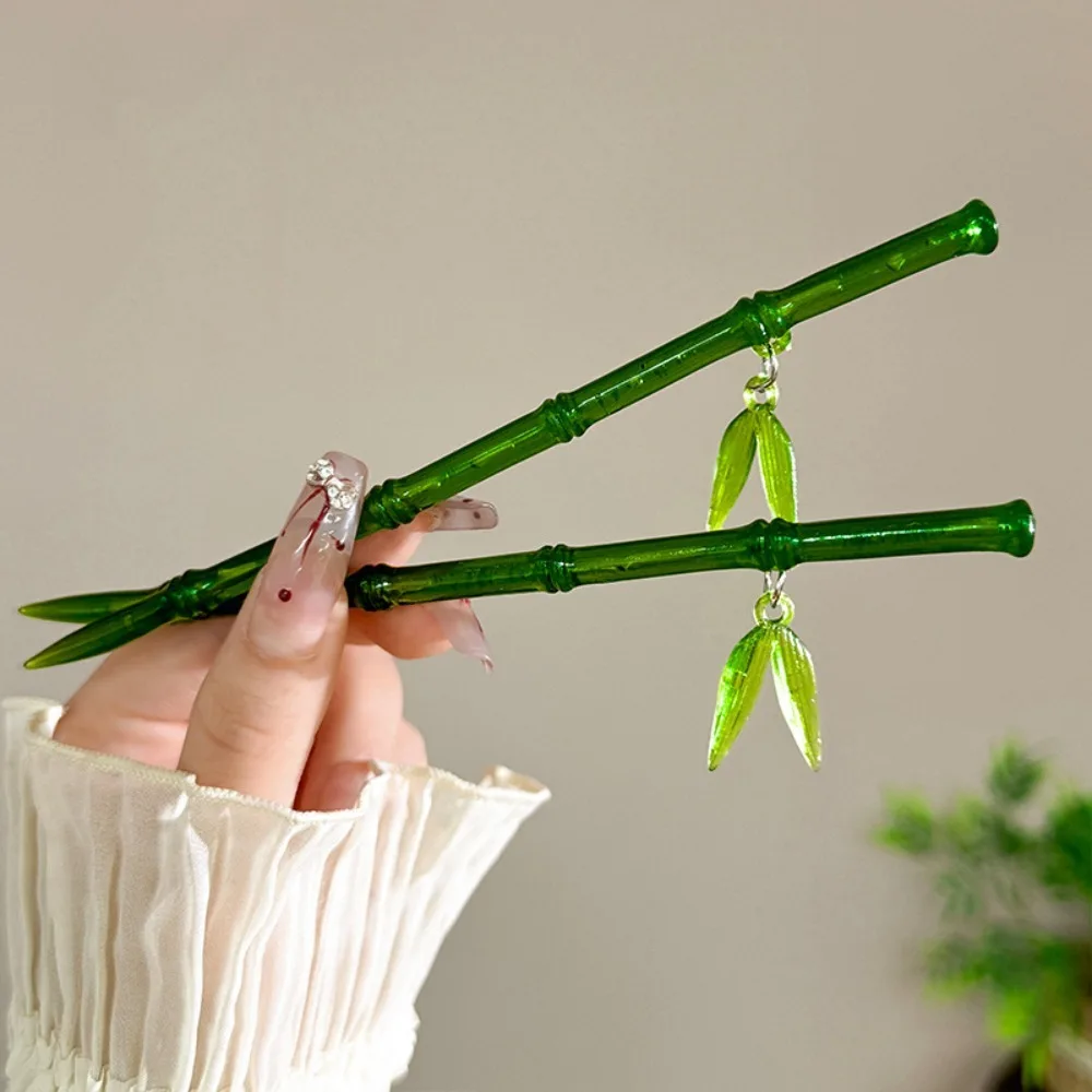 

Simple Bamboo Leaf Hair Stick Chinese Style Green Chopstick Hairpin Barrette for Women