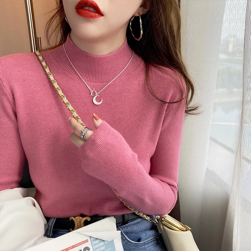 2025 Half High Neck Slim Fit Women's Sweater Autumn/winter Fashion Solid Color Pullover Casual Long Sleeve Knitted Primershirt