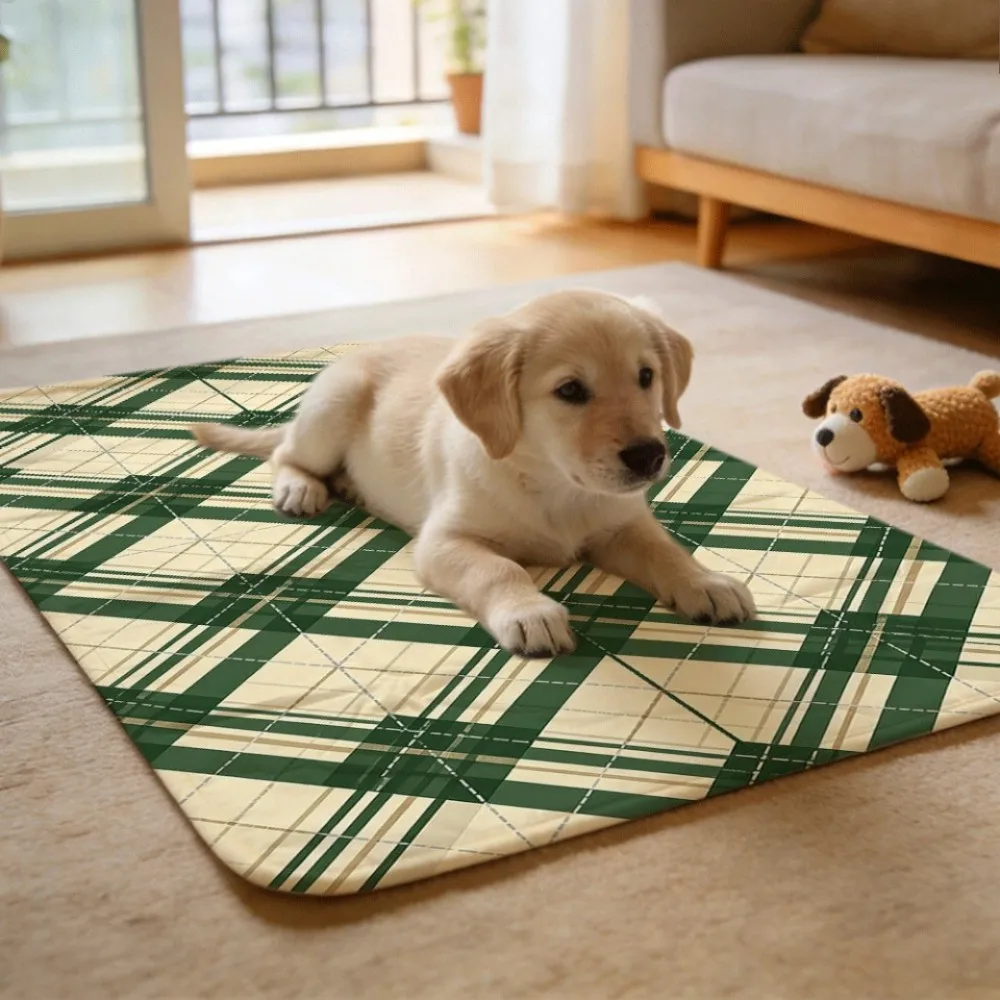 Green beige check intersecting grid lines Washable Reusable Small Animal Pads Absorbent Liner for Ferrets Rabbits Hamsters