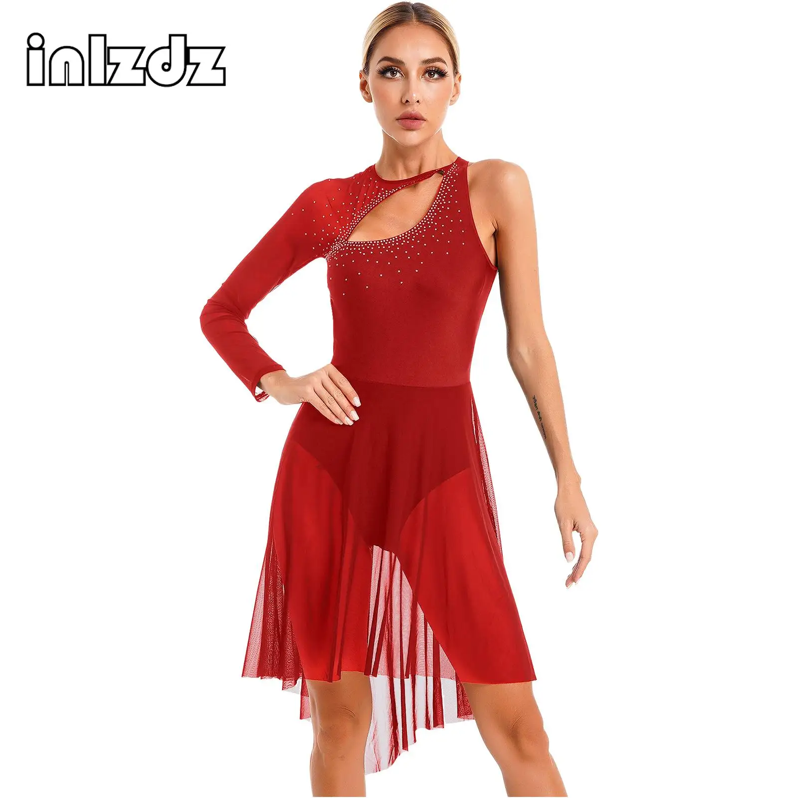 

Womens Figure Skating Leotard Dress Glitter Rhinestone Cutout One Shoulder Sheer Mesh Long Sleeve Lyrical Dance Dresses Costume