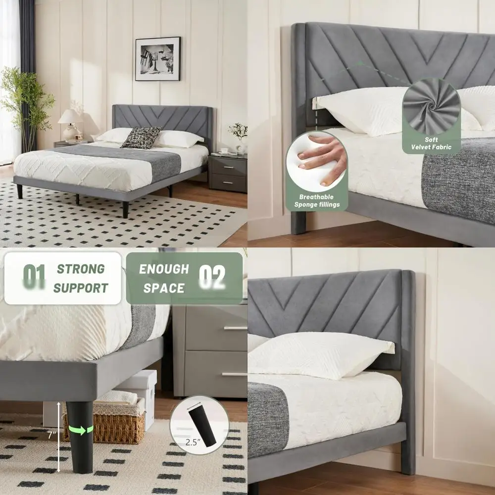Grey Velvet Headboard Full Platform Bed Frame with Wooden Slats, Metal Structure, Easy Assembly, No Box Spring Needed