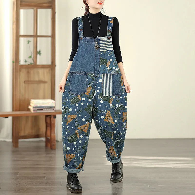 

Fashion Women Denim Jumpsuit Oversize Print Patchwork Wide Leg Jeans Casual Suspender Strap Overalls