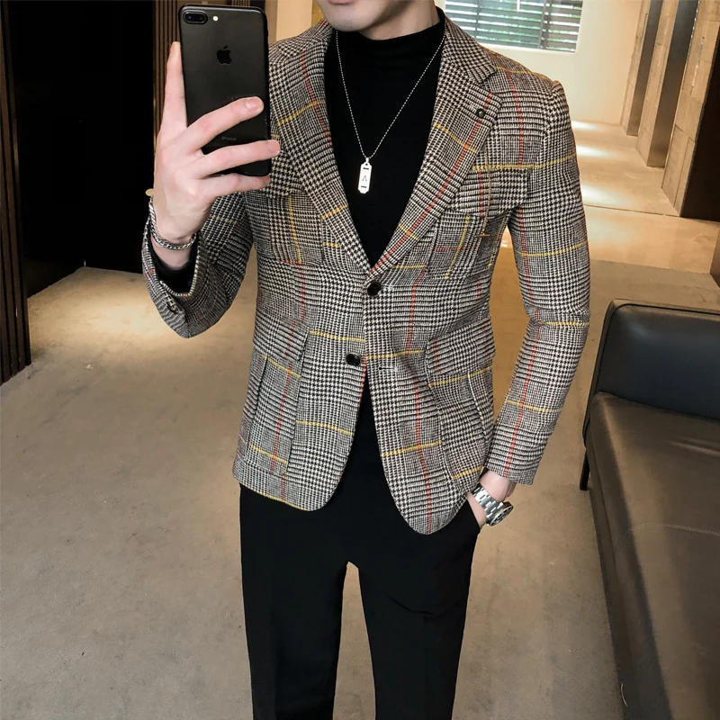 2023 New Men's Brand Clothing Blazer Slim Slim Fashion High Quality Plaid Casual Jacket Men's Wool Short Slim Fit Blazer