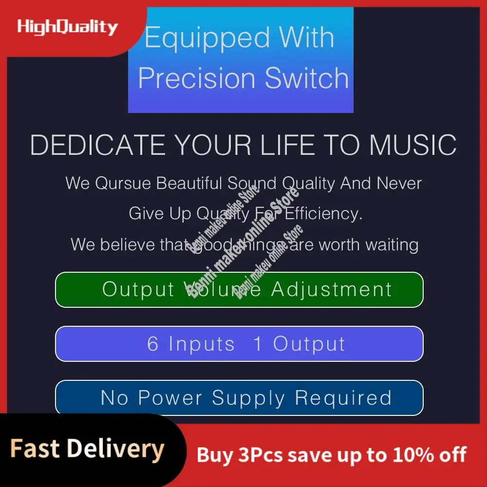 

6-входной 1-выходной переключатель Переключатель выбора источника звука Переключатель выбора сигнала аудиовхода RCA с регулировкой громкости и руководством