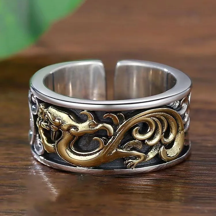 

Vintage Tang grass dragon pattern ring China-Chic versatile domineering the Year of the Loong opening adjustable creative ring