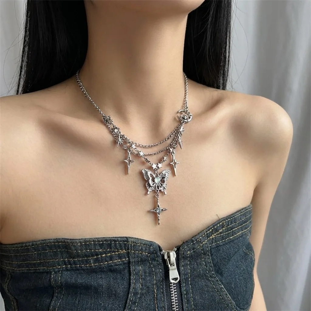 Vintage Silver Multi-Layer Butterfly Star Pendant Necklace, Gothic Stackable Clavicle Chain for Women