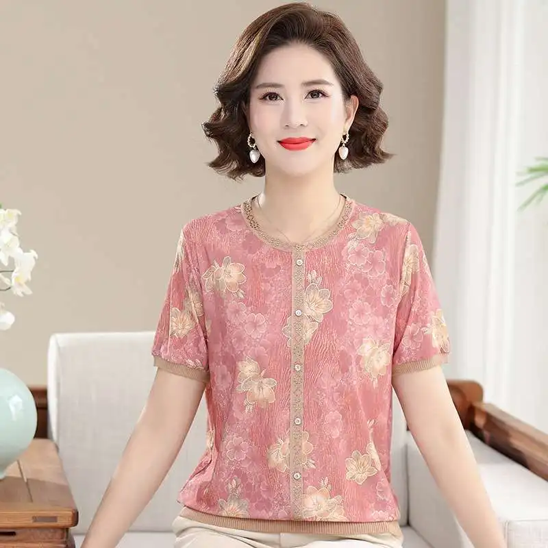 

Middle-Aged Women's Ice Hemp Silk T-irt ort SVE C Spring Polyester Fiber 00% Ladies Premium Faion T-irt