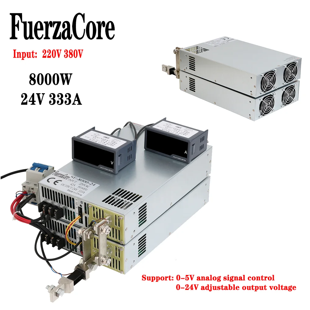 

24V Power Supply 8000W High Power SMPS 0-24V Adjustable Output 0-5V Analog Signal PLC Control PWM 220/380VAC 24VDC Motor LED Use