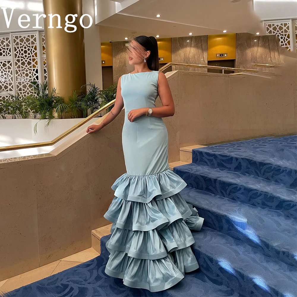 

Verngo Blue Satin Prom Gown Tiered Mermaid Party Dress For Women Saudi Arabic Formal Occasion Dress Simple Prom Dress