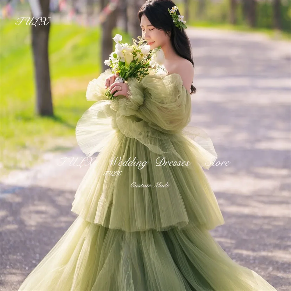 

TULX Fairy Tulle Green Evening Dress Korea Wedding Photo Shoot Dress Strapless Puff Sleeves Party Long Tiered Corset Customized