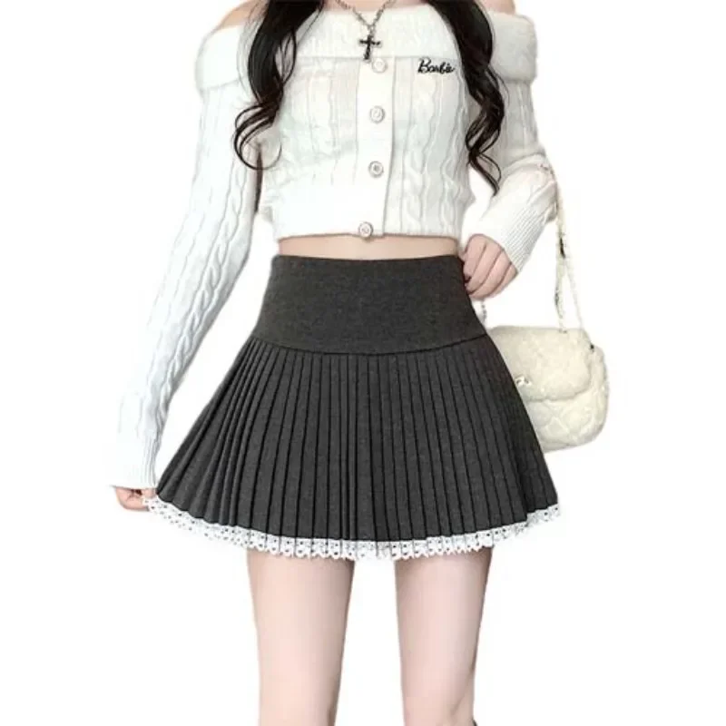 Lace Pleated Mini Skirt for Women  Autumn Winter Slim High Waist Sweet Kawaii A-line Shorts Skirt Preppy Style Clothing Y2k