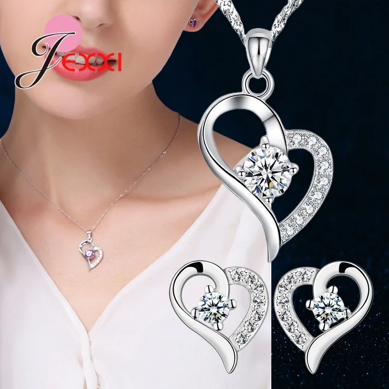 925 Sterling Silver Jewelry Sets for Women Wedding Engagement Shiny Cubic Zircon Heart Charms Necklace Earrings