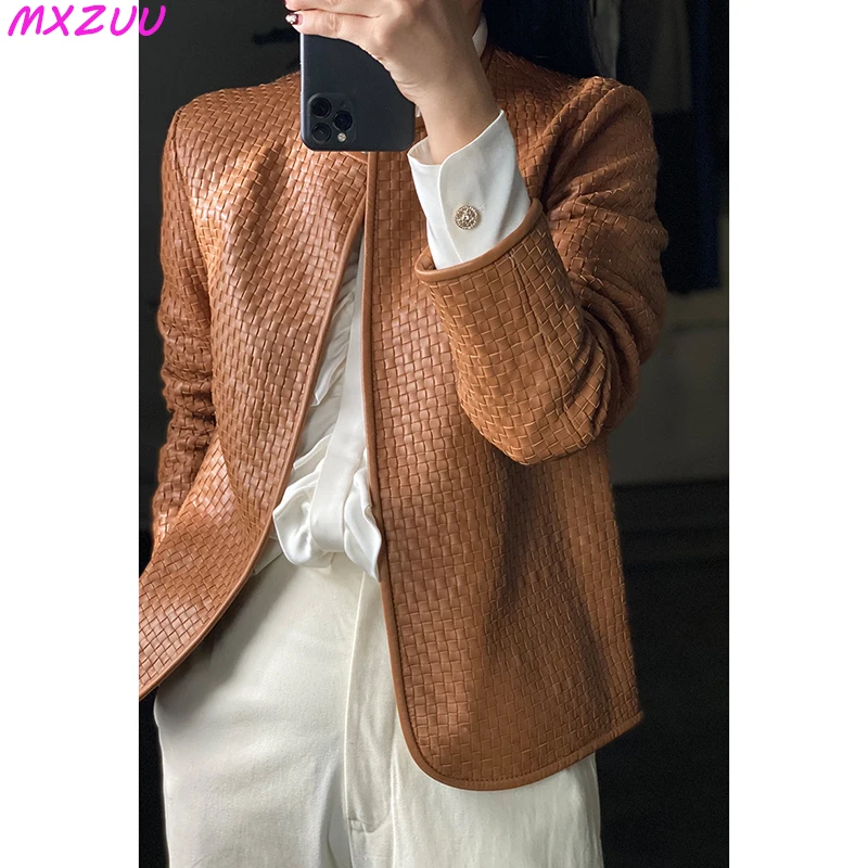 Jaqueta de couro genuíno feminino outono 2024 elegante vintage mão-tecido pele de carneiro chaqueta mujer o-pescoço cardigan casaco xadrez outwear