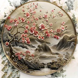 Gold Medallion with Traditional Design of Chinese and Cherry Blossom Artwork, Aluminum Metal Sign, Wall Art, Home Decor, 8x8in