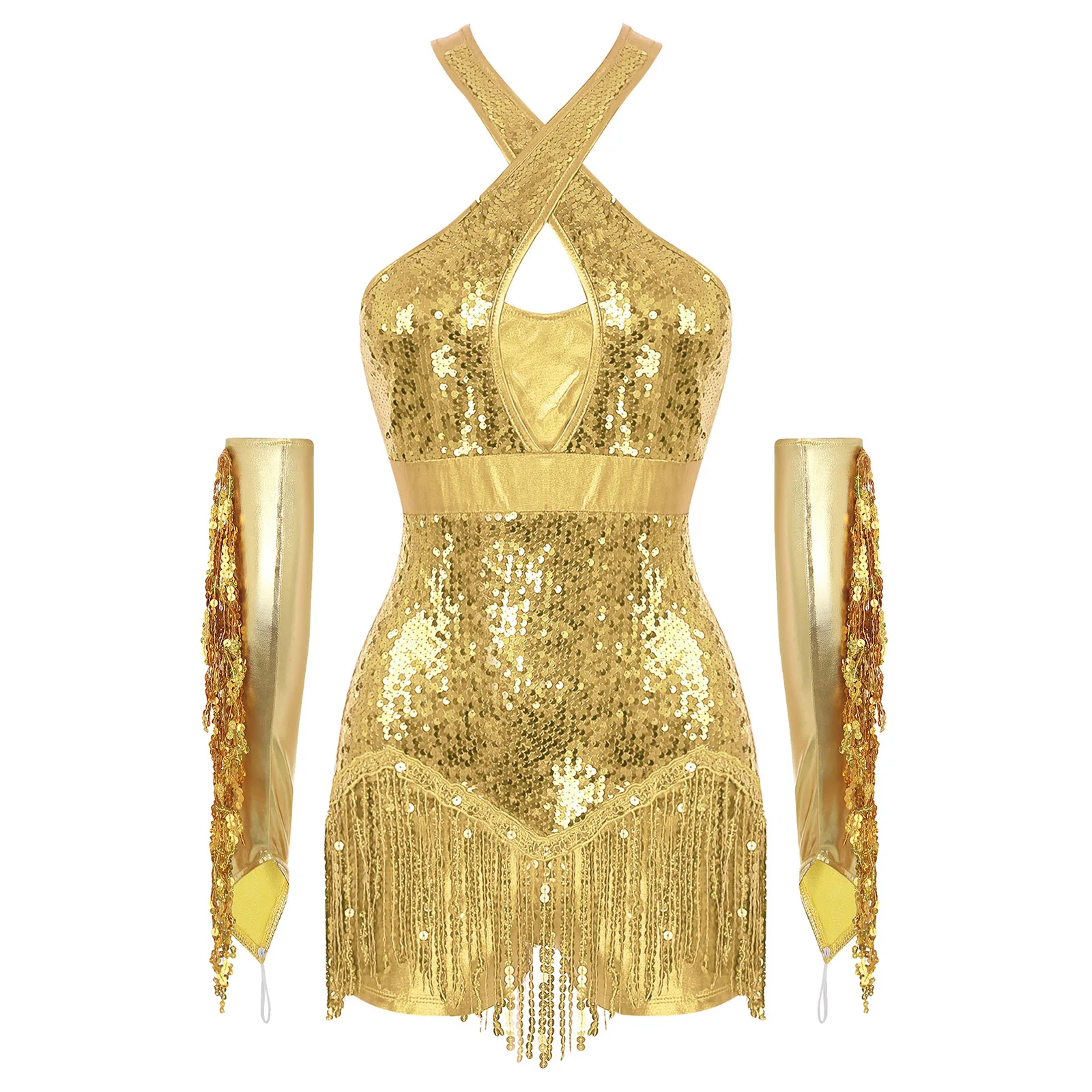 

Women Latin Cha-Cha Dance Performance Costume Glittery Sequins Tassel Leotards with Metallic Gloves Tango Salsa Rumba Dancewear