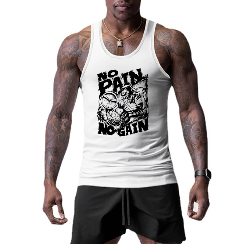 Summer Men's Quick -drying Fitness Stretch Printing Running Sculpting Men's Tight Slim Fit Tank Top Black & White