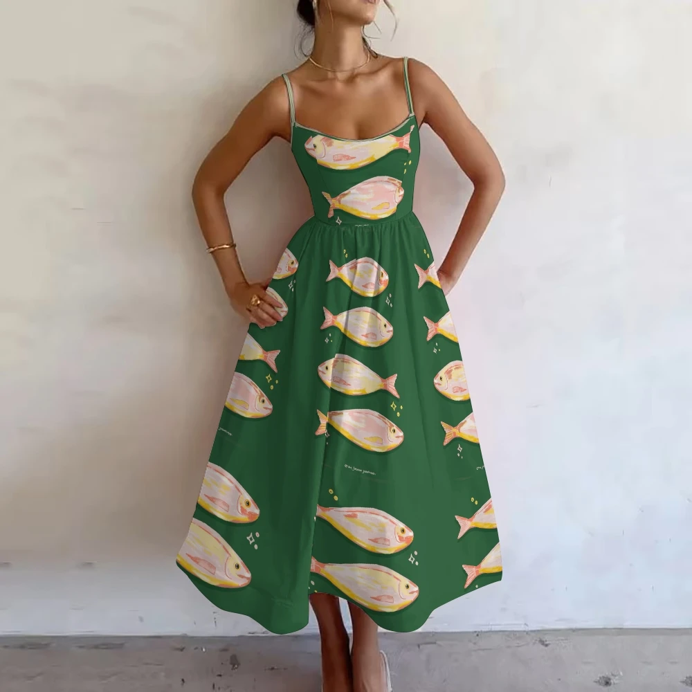 

Green Women's Dress Casual Cute Sardines Fish Graphic Print Sleeveless Long Dress High Quality Women's Clothes Party Dresses