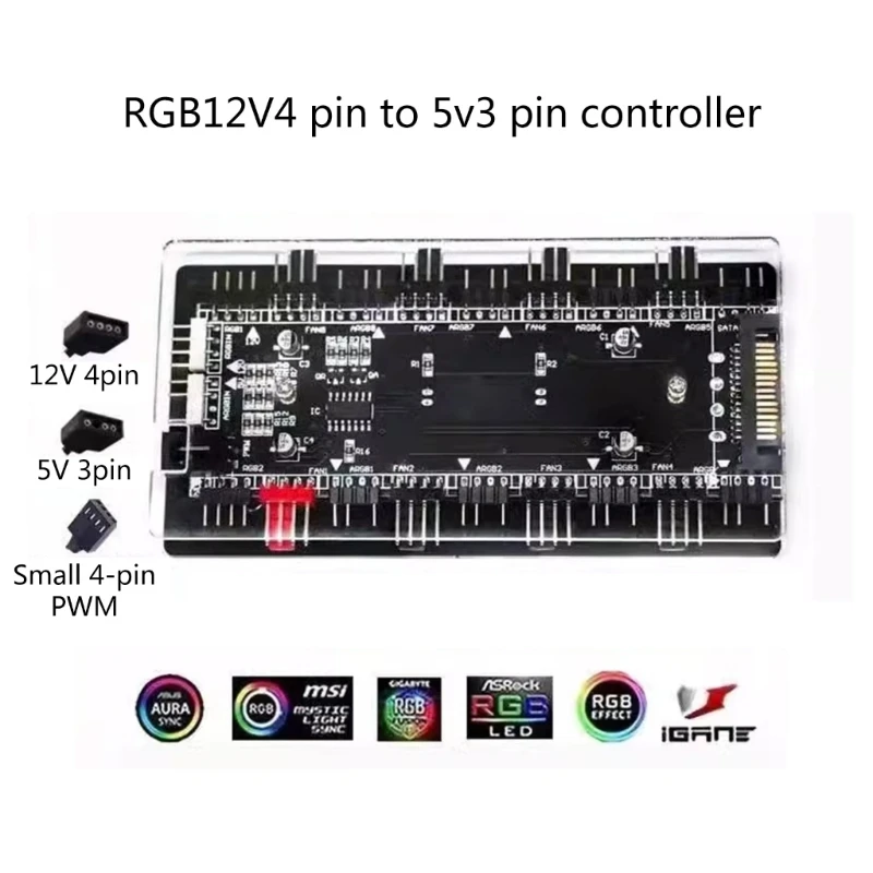 DN59 RGB Convertor 12V ADD-RGB to 5V ARGB Transfer Hub Fan Hub Control 4PWM Fan Speed Supports Fan with 3Pin/4Pin Cooling