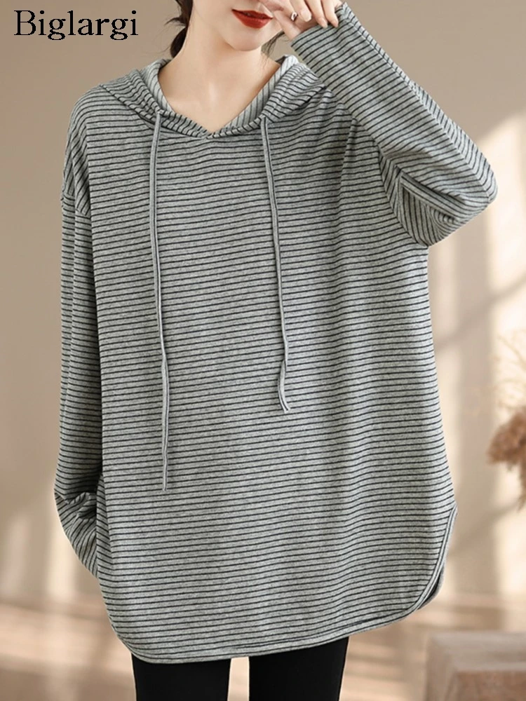 

Осенние футболки с капюшоном большого размера, женские полосатые свободные модные женские блузки с принтом нестандартной формы, повседневные женские футболки