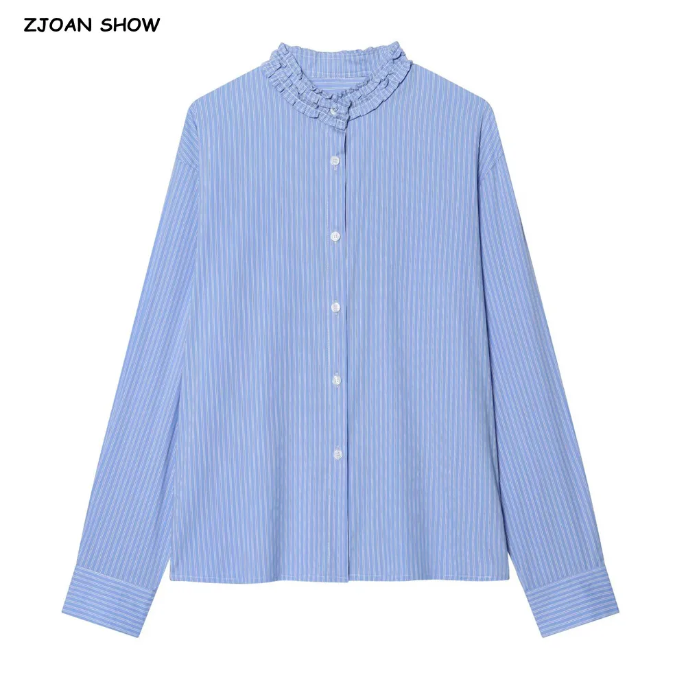 

Spring Chic Blue White Stripes Print Wood ears Ruffles Collar Long sleeve Shirt Women Open Buttons Loose Blouse Tops