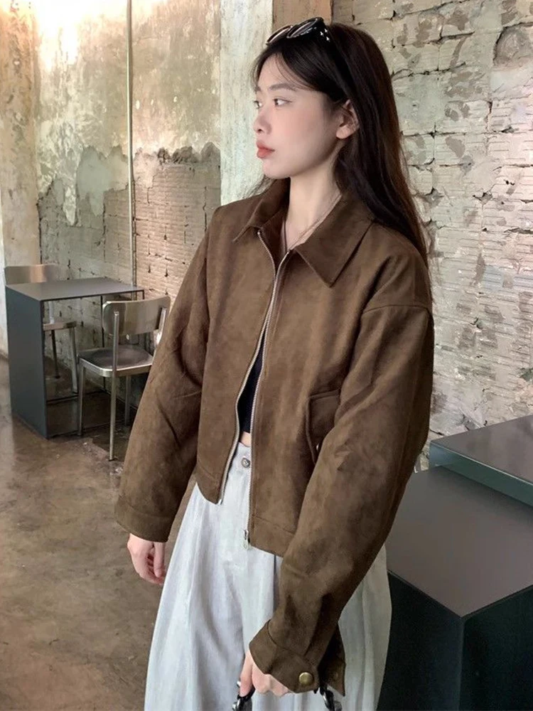 Vintage Faux Suede Y2K Jacket Women Streetwear Harajuku Hip Hop Long Sleeve Coat American Retro Fall Winter Bf Pockets Outwear