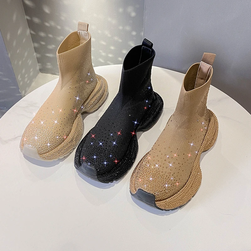 Top Quality Thick Sole Bling Sneakers Sock Booties Elastic Botas Rhinestone Loafers Stretch Boots Shiny Casual Crystal Shoes