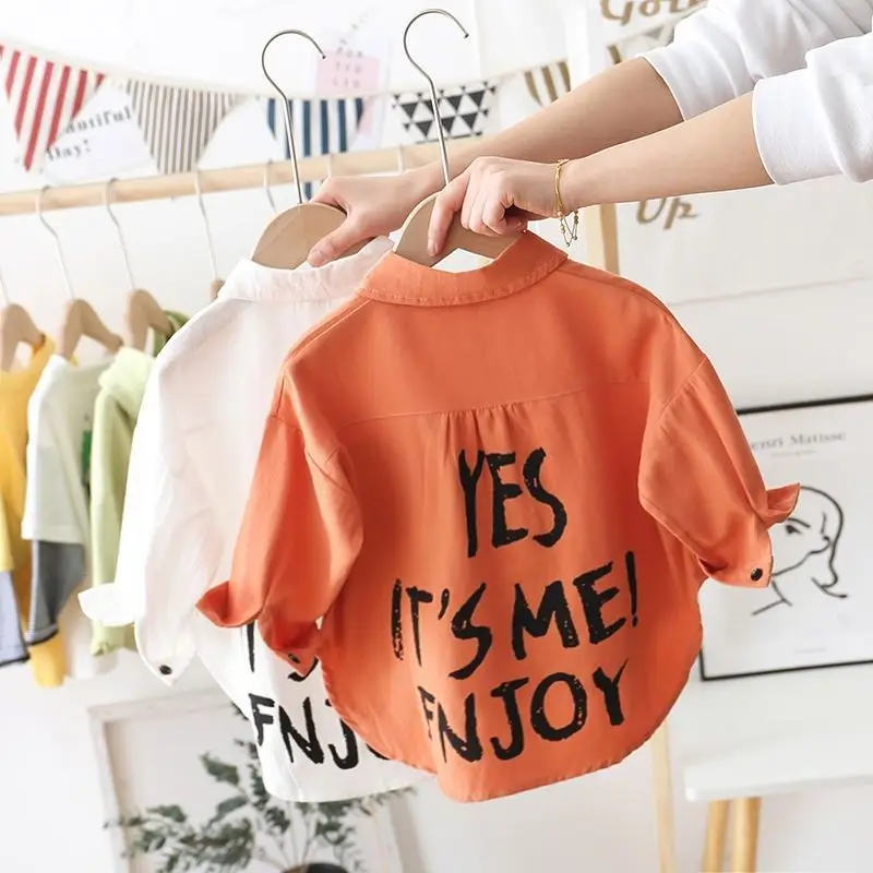 Boys Clothing Long Sleeve 2023 Spring New Solid Color Trend Lapel Single-breasted Letter Printed Cotton Korean Version Shirt