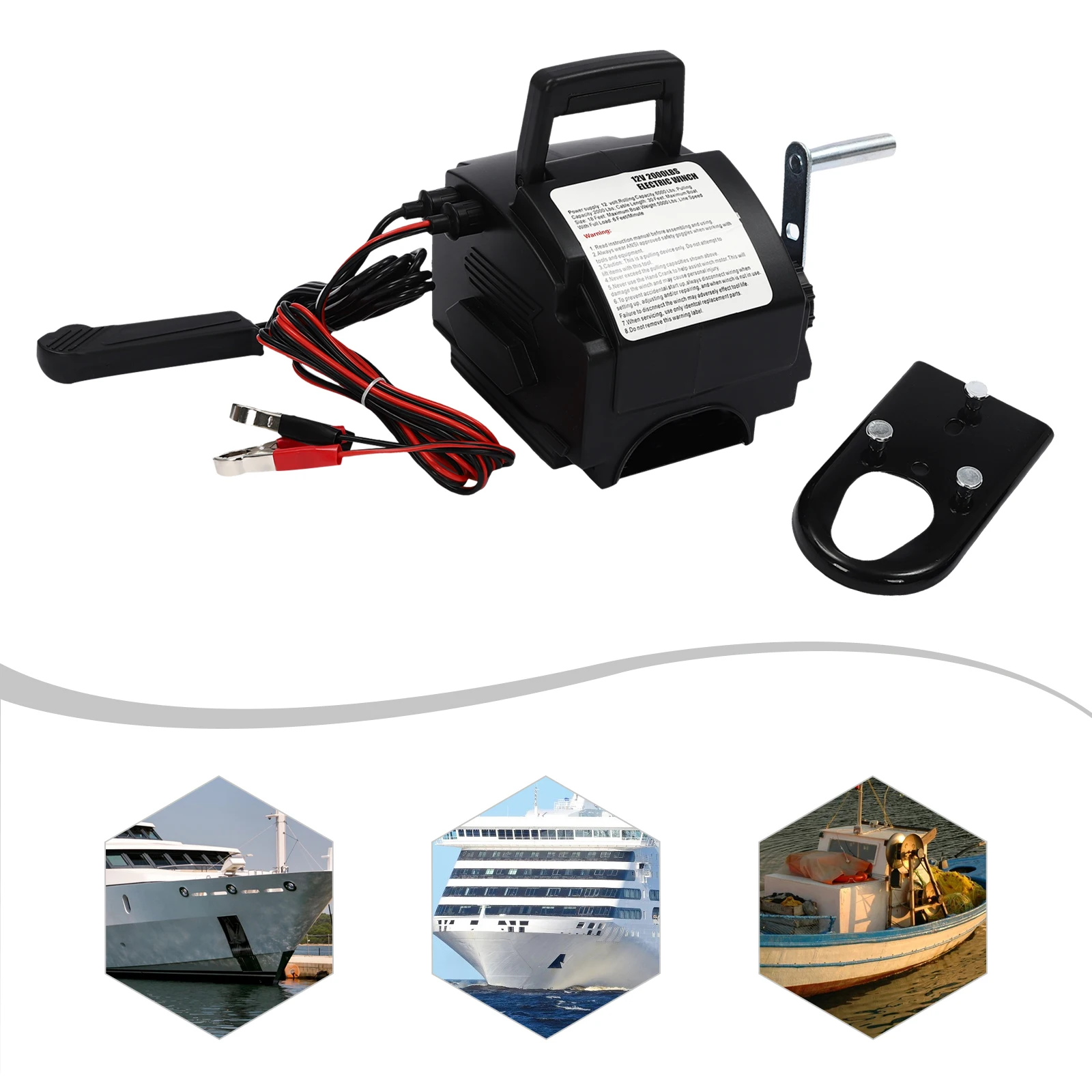 Winch with 300W DC motor, 6000lbs rolling force, 5000lbs floating pull force, dual control modes (wire and hand-crank),