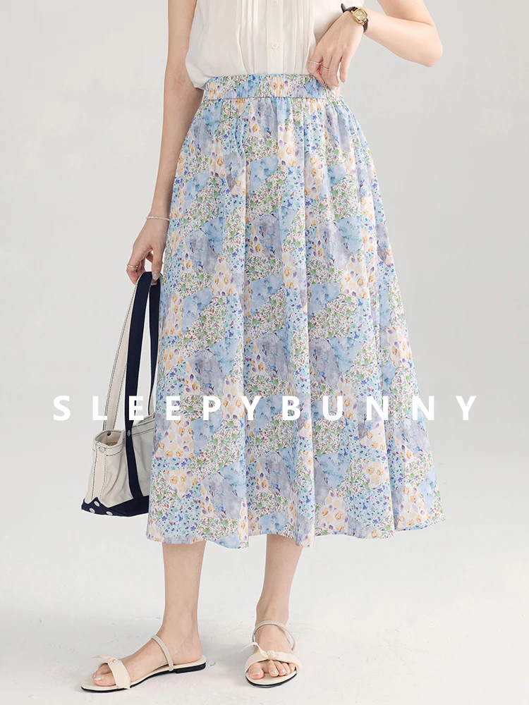 Elegant Floral A-Line Midi Skirt for Women High Waist Elastic Waist Summer Skirt French Style Lightweight Flowy Vacation Skirt