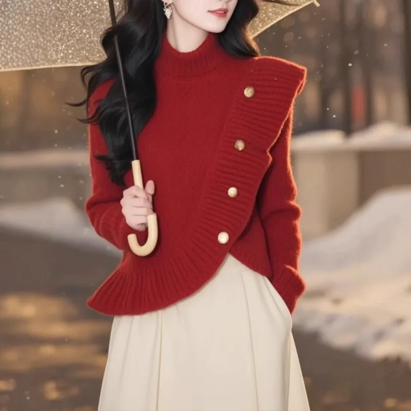 

Оранжево-красный свитер с воротником-стойкой, осенне-зимний пригородный нишевый дизайн, пуловер с рюшами и краями, топ