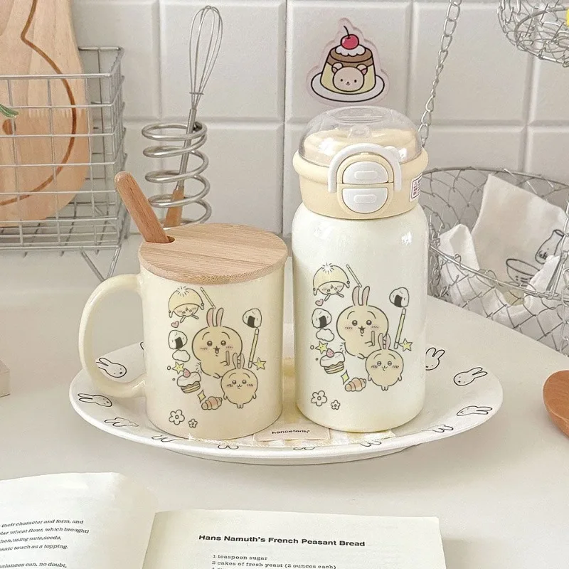 Chiikawa Usagi Kawaii Anime Cartoon Delicious Cuisine Yellow Double Drink with Lid Thermos Cup Mug Cute Exquisite Personality