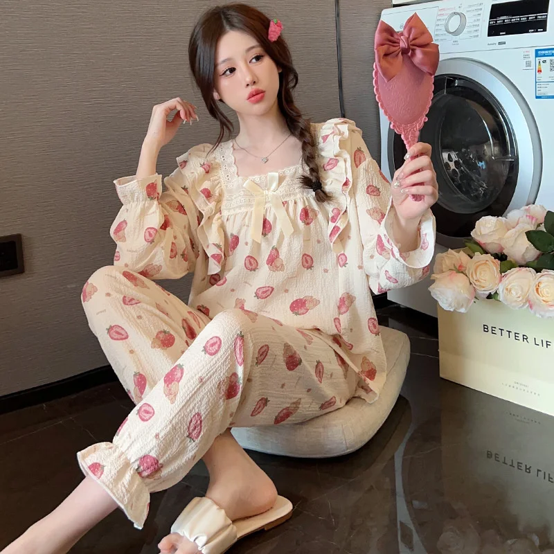 Sweet Print Sleepwear Set Long Sleeve Trousers Wrinkled Cotton Pants Ruffle Home Wear Skin-Friendly Breathable Pajama