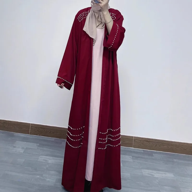

Elegant Muslim Ladies Long Sleeve Loose Fit Abaya Dress with Sparkling Rhinestones and Beads Evening dress
