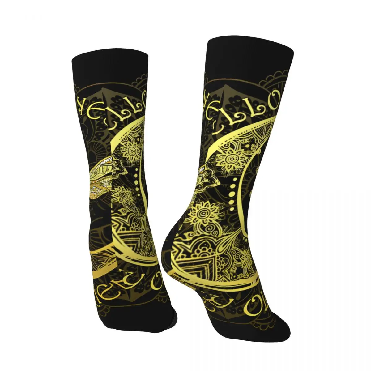 Retro Gold Dragonfly Mandala Drawstring Bag Men's compression Socks Unisex Harajuku Pattern Printed Novelty Crew Sock