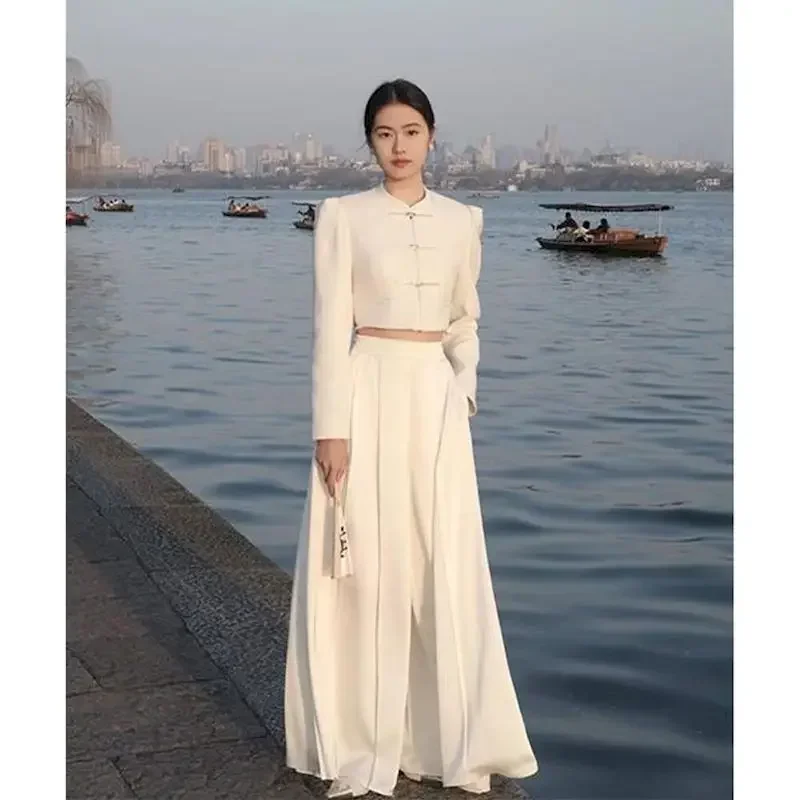 Lnsozkdg Newest Fashion Designer Suit Set Women Chinese Style National Wind Coil Buckle Blazer Pleated Loose Pants 2pcs