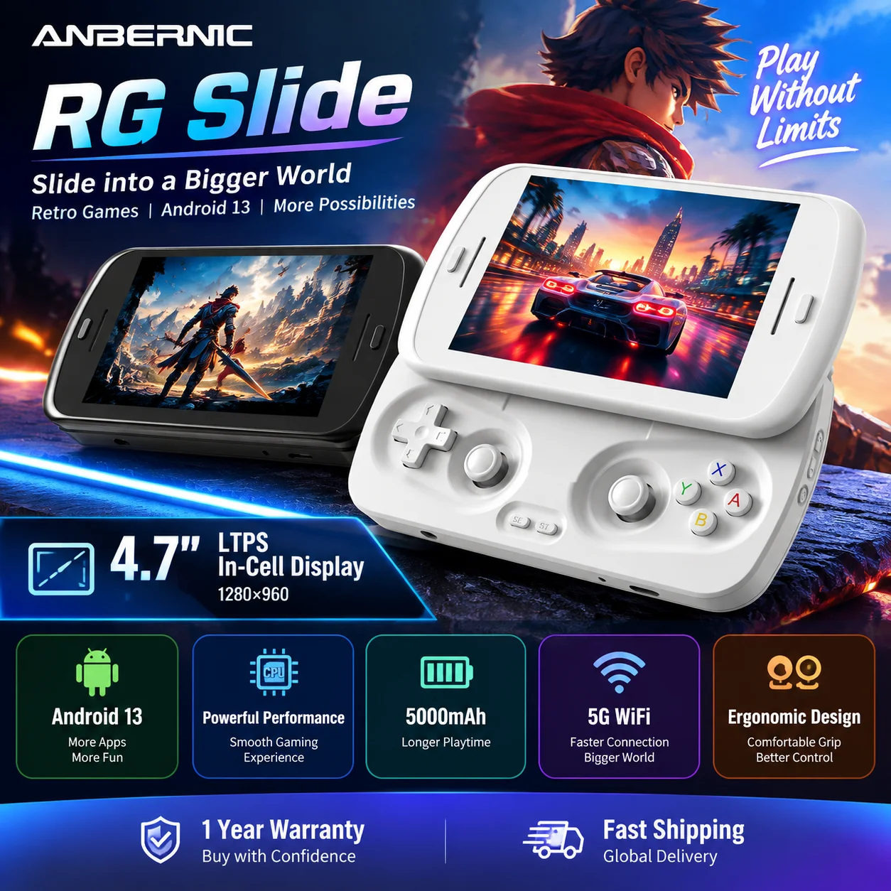 Anbernic RG Slide Handheld Game Console 4.7" LTPS Screen Android 13 Retro Video Game Player 1280×960 IPS Display 5000mAh