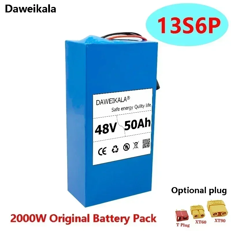 Daweikala Original 18650 13S6P 48V 50000mAh 2000W Lithium Ion Battery Pack for 54.6V Electric Bicycle+Built-in BMS Optional Plug