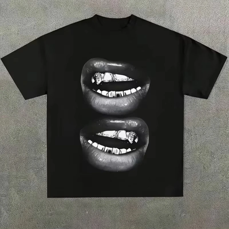 Lip Pattern Printed T-shirt Men Women Unisex Casual and Trendy,Oversize Casual T-shirt Travel Daily Streetwear Hip Hop Vintage