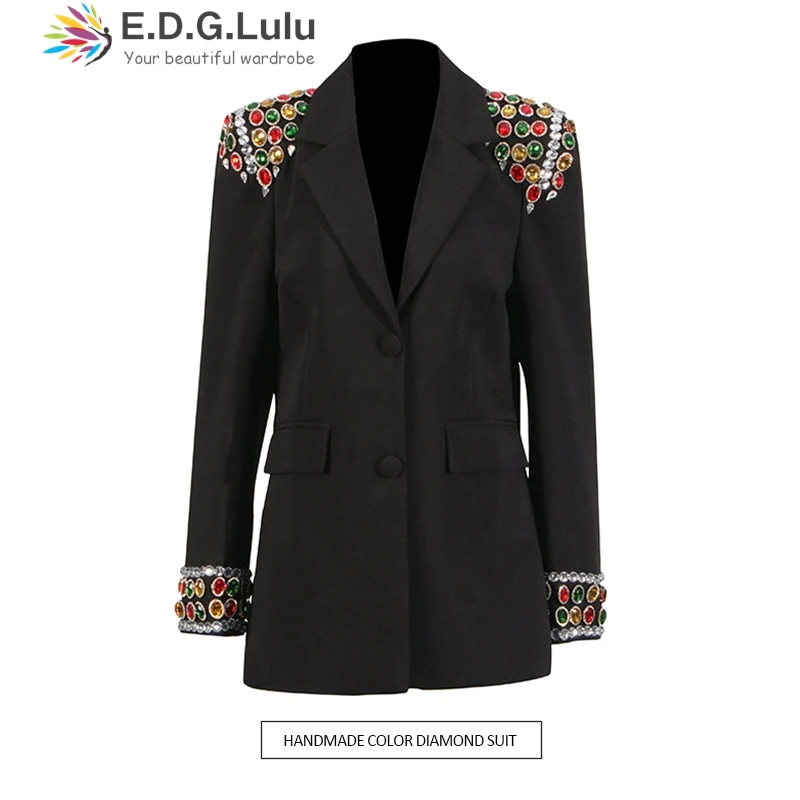 Edglulu-女性用長袖ブラックブレザー,ダイヤモンドネイルビーズ,スプライシングブレザー,エレガントなジャケット,女性用コート,ファッションデザイン,0115