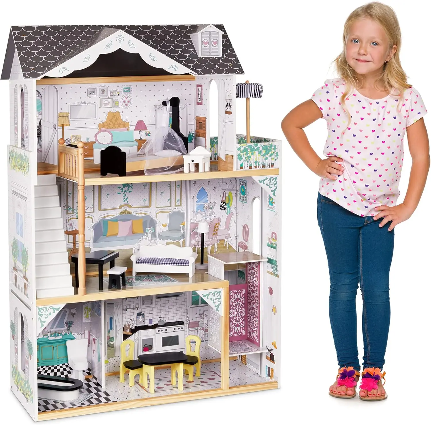 Houten Poppenhuis Voor Kinderen, Met Lift, Balkon En Trap, Accessoires En Meubels Inbegrepen X-Grote 3 Verdiepingen Eenvoudig Te Monteren Pop H