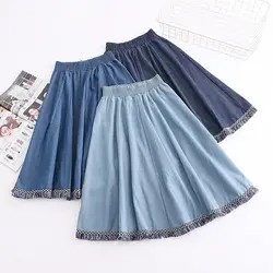 Solid Casual Long Skirts Women Vintage High Waist Elastic Fashion All-Match College Style Chic A-Line Skirt Spring Summer