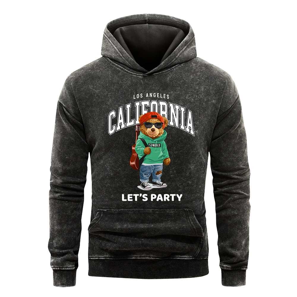 Let'S Party Guitar Bear Print Men Washed Hoodie Cartoon All-Match Streetwear Multicolor Casual Pullover Autumn Cotton Hoody Male