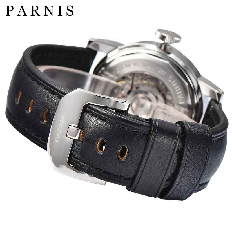 New Parnis 43MM Silver Case Mechanical Automatic Watches Men Leather Strap Power Reserve Calendar Waterproof Watch orologio uomo