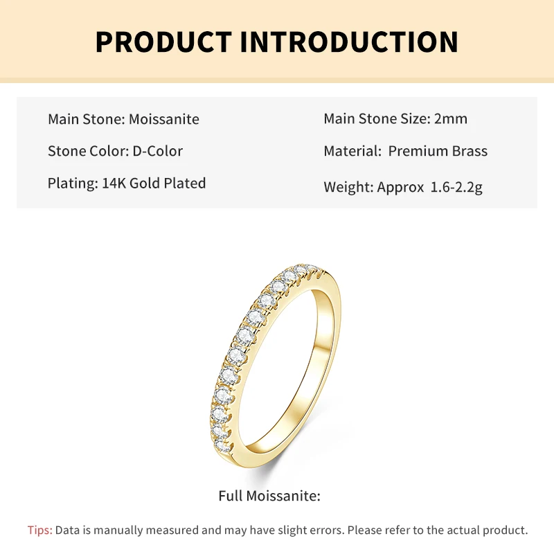 Rrjzz Zertifizierter 2mm D-Farbiger Voll-Moissanit Stapelbarer Halb-Eternity-Ring für Damen Klassischer Imitationsdiamant-Schmuckring – Detail 1